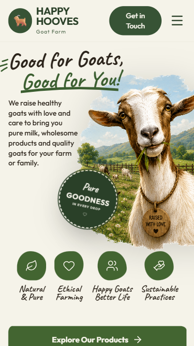 Goat Dairy Farm website mobile mockup for goats, goat milk, and dairy products by Metal Web